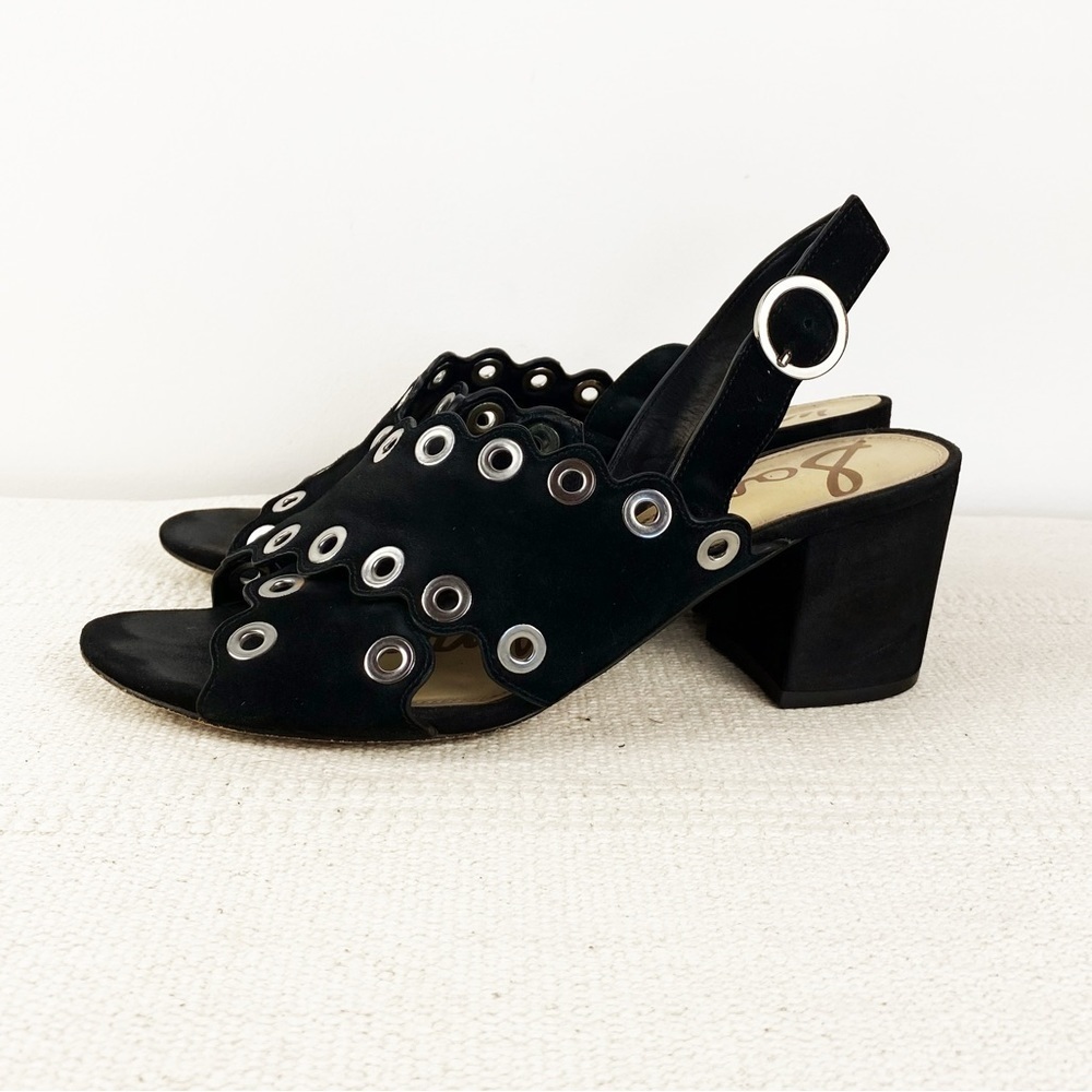 Sam Edelman Black Suede Scalloped Slingback Block Heels with Eyelet Details